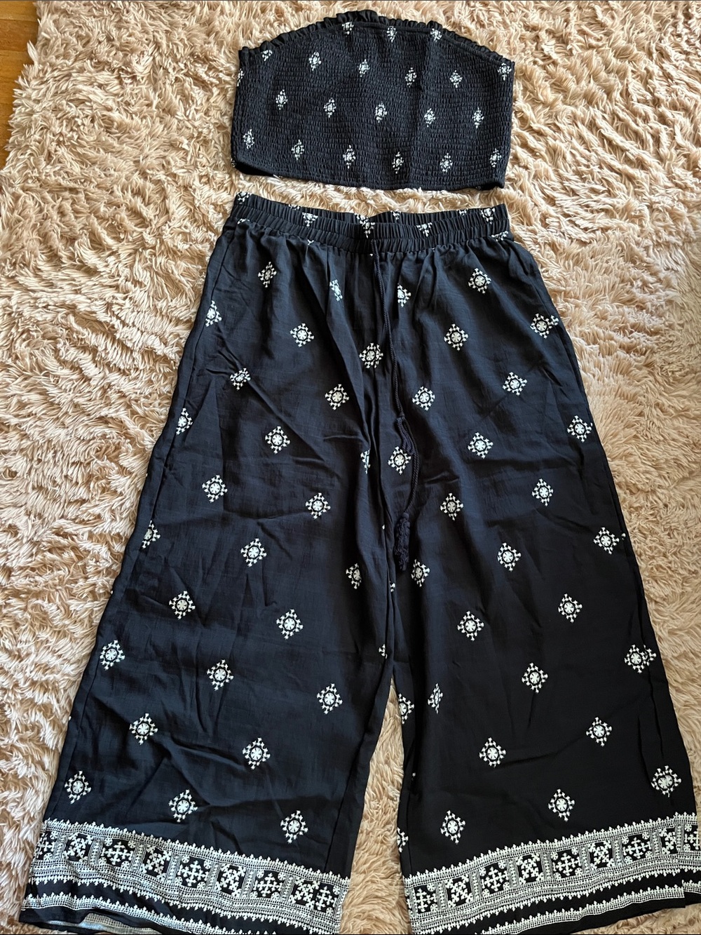 Black Wide-Leg Embroidered Palazzo Pant Set with Tube Top